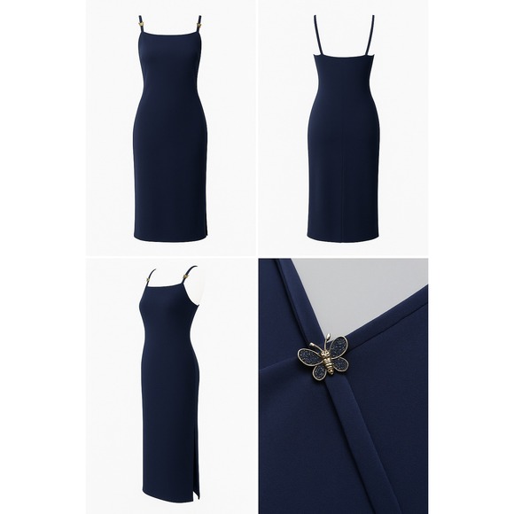 Holiday Party Dress Navy Maxi Slip Dress (Size M) – Butterflies, Y2K, Old Money - Picture 2 of 9